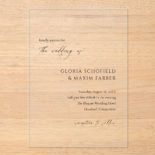 Moderne formele minimale elegante bruiloft acryl uitnodigingen (Voorkant)