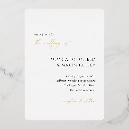 Moderne formele minimale elegante bruiloft folie uitnodiging (Voorkant)