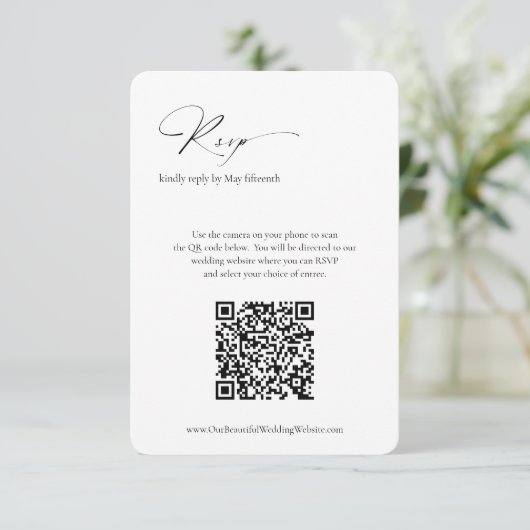 Moderne formele minimale QR-code Elegante bruiloft RSVP Kaartje (Staand voorkant)