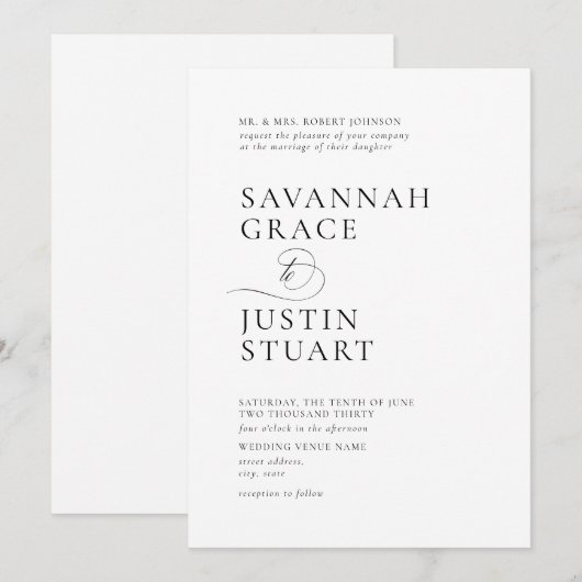 Moderne formele zwart-wit bruiloft kaart (Voorkant / Achterkant)