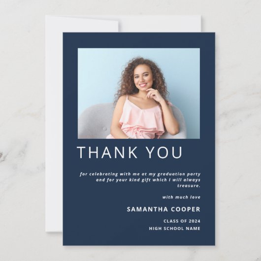 Moderne foto 2024 Afstuderen marineblauw Bedankkaart (Voorkant)