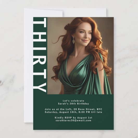 Moderne foto 30e verjaardag uitnodiging – Emerald  (Voorkant)