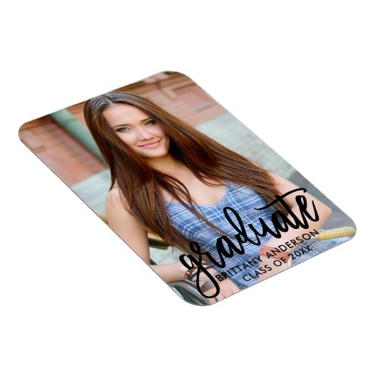 Moderne foto afstudeer aankondiging in Brush Scrip Magneet (Rechterzijde)