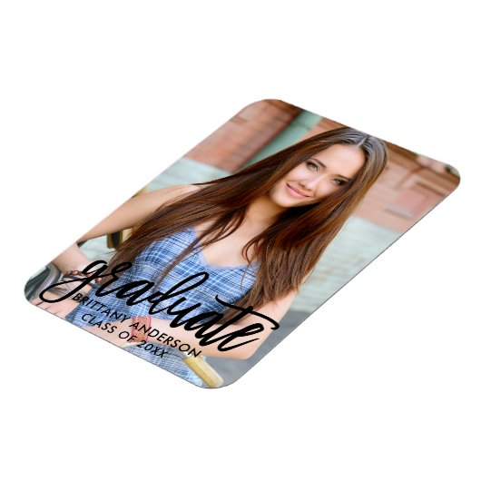 Moderne foto afstudeer aankondiging in Brush Scrip Magneet (Linkerzijde)