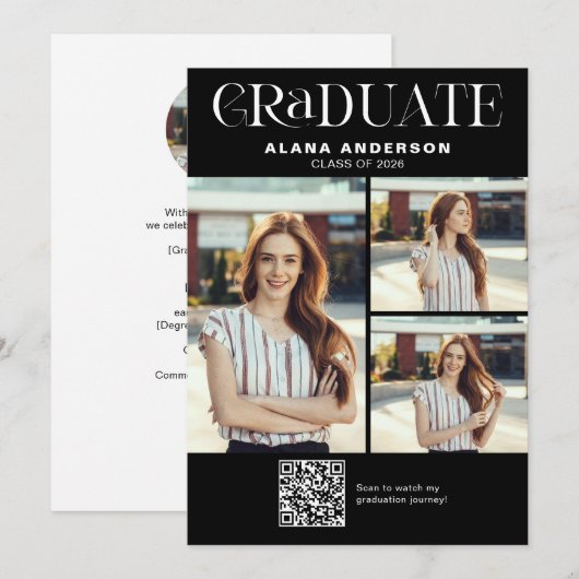 Moderne foto afstudeeraankondiging QR-code video Aankondiging (Voorkant / Achterkant)