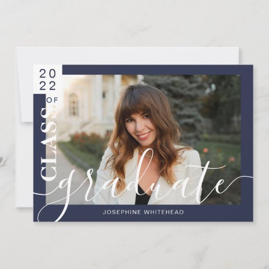Moderne Foto Afstuderen Aankondiging marineblauw 2 (Voorkant)