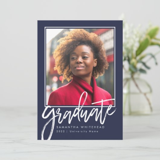 Moderne Foto Afstuderen Aankondiging Navy Blue 202 (Staand voorkant)