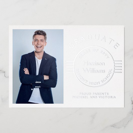 Moderne foto-Afstuderen Afstuderen zilver Folie Uitnodiging (Voorkant)