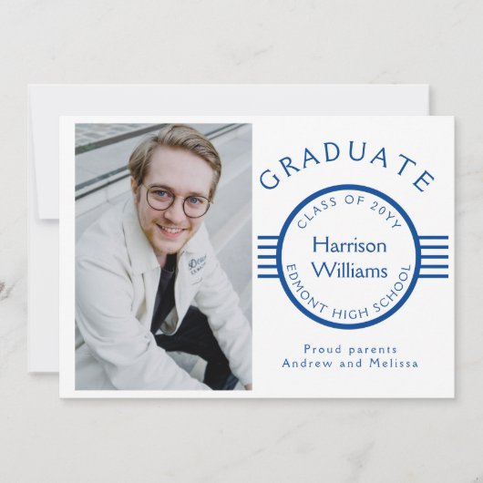 Moderne foto Afstuderen blauwe strepes op maat Aankondiging (Voorkant)