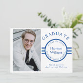 Moderne foto Afstuderen blauwe strepes op maat Aankondiging (Staand voorkant)