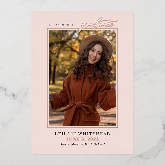 Moderne foto Afstuderen Blush Folie Uitnodiging (Voorkant)