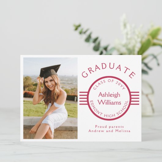 Moderne foto Afstuderen Magenta Stripes Afstuderen Aankondiging (Staand voorkant)