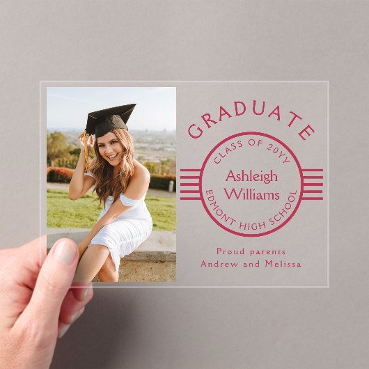 Moderne foto Afstuderen Magenta Stripes Afstuderen Acryl Uitnodigingen (Insitu (Draagbaar))