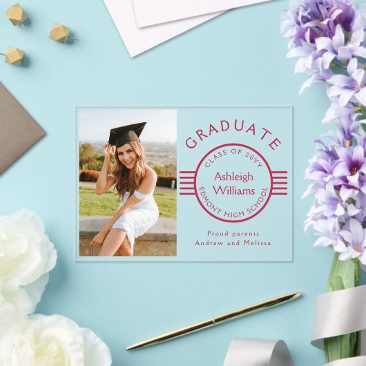 Moderne foto Afstuderen Magenta Stripes Afstuderen Acryl Uitnodigingen (Insitu (Huwelijk))