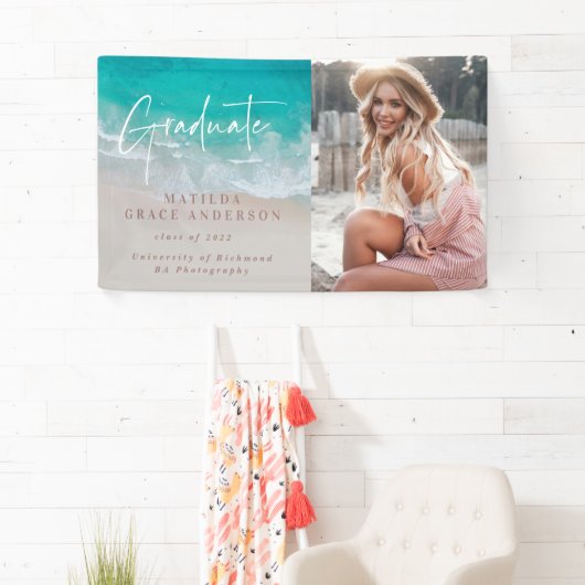 Moderne foto afstuderen oceaanstrandscript modern spandoek (Insitu)