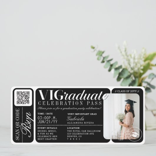 Moderne Foto Afstuderen Party Event Ticket QR Code Kaart (Staand voorkant)