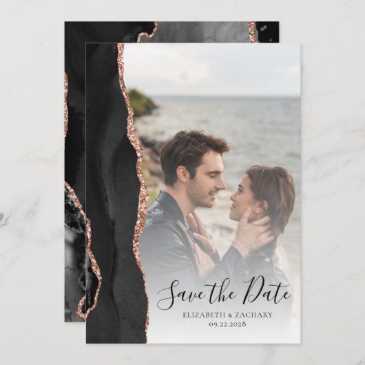 Moderne Foto Agate Black Roos Gold Save the Date (Voorkant / Achterkant)