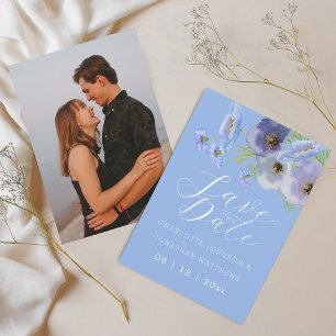 Moderne Foto Aquarel Blauwe Bloemige Bruiloft Save The Date