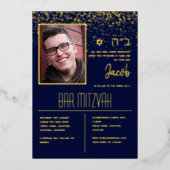 Moderne FOTO Bar Mitzvah met HEBREEUWS Blauw Goud Folie Uitnodiging (Voorkant)