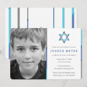 Moderne foto Bar Mitzvah uitnodigingen | Blauw + T (Voorkant / Achterkant)