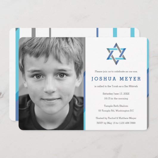 Moderne foto Bar Mitzvah uitnodigingen | Blauw + T (Voorkant / Achterkant)