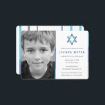 Moderne foto Bar Mitzvah uitnodigingen | Blauw   T<br><div class="desc">Moderne blauwe foto Bar Mitzvah uitnodigingen. Personaliseer online met de foto van uw zoon en de details van de Mitzvah. Ster van David-ontwerp met moderne blauwe,  turkooizen en grijze accenten.</div>