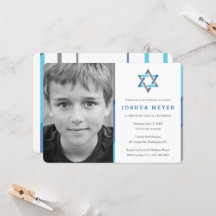 Moderne foto Bar Mitzvah uitnodigingen | Blauw + T