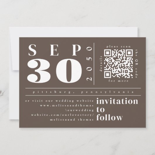 Moderne foto Bewaar de datum QR Code Simple Brown Save The Date (Achterkant)