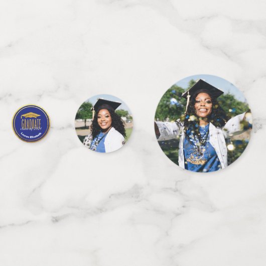 Moderne Foto Blauw Goud Afstuderen Tafel Confetti (Achterkanten)