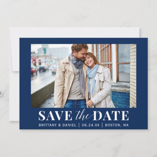 Moderne Foto Blauw of Kies Kleur Save The Date (Voorkant)
