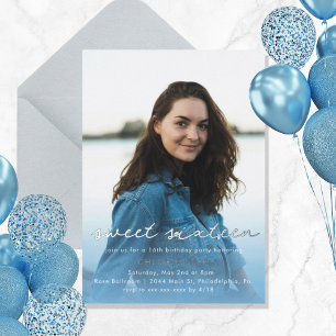Moderne Foto Blauwe Aquarel Sweet 16 Folie Uitnodiging