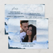 Moderne foto Blauwe Waterverf Wassen Save the Date Aankondigingskaart (Voorkant / Achterkant)