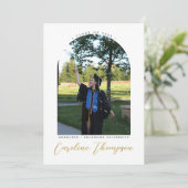 Moderne foto-boog & collage goud script afstuderen kaart (Staand voorkant)