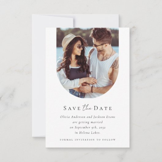 Moderne foto boog kalligrafie bruiloft save the date (Voorkant)