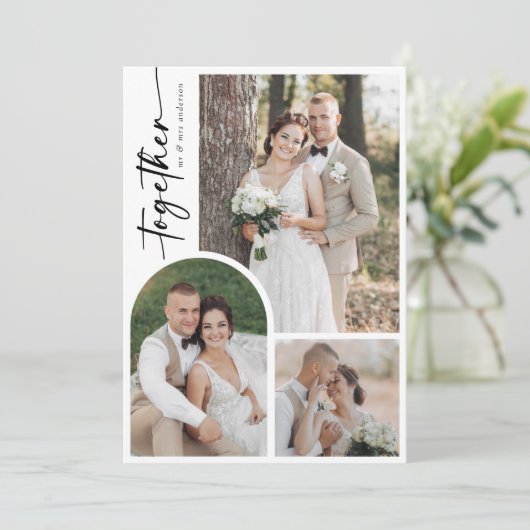 Moderne foto boog kalligrafie samen bruiloft bedankkaart (Staand voorkant)