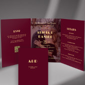 Moderne foto bordeaux goud rsvp details bruiloft drieluik uitnodiging