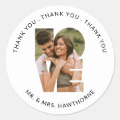Moderne foto bruiloft Dank u liefde brieven gunst Ronde Sticker (Voorkant)