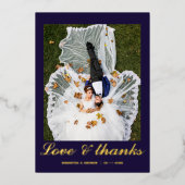 Moderne foto bruiloft folie dankkaart in marinebla folie uitnodiging (Voorkant)