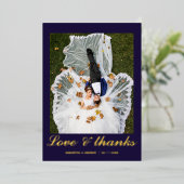 Moderne foto bruiloft folie dankkaart in marinebla folie uitnodiging (Staand Voorkant)