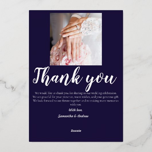 Moderne foto bruiloft folie dankkaart in marinebla folie uitnodiging (Achterkant)