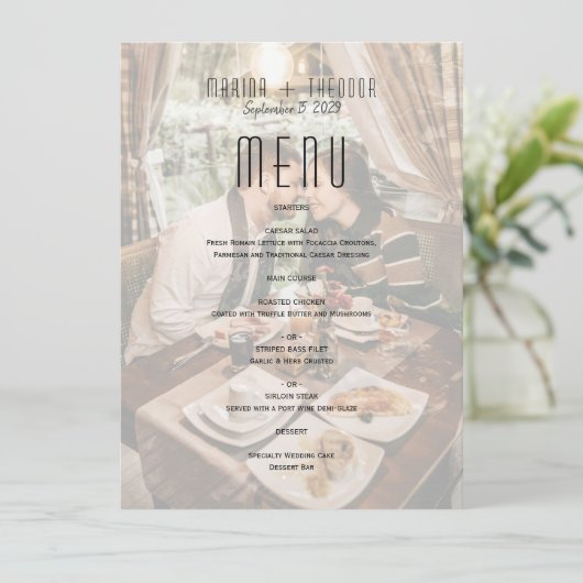Moderne foto bruiloft receptie menu (Staand voorkant)