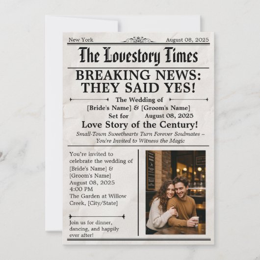Moderne foto bruiloft uitnodiging – Krantenstijl (Voorkant)