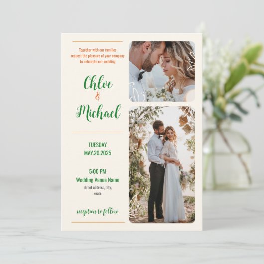 Moderne foto bruiloft uitnodiging met QR-code (Staand voorkant)