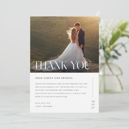 Moderne foto bruiloft zwart wit dank u kaart (Staand voorkant)