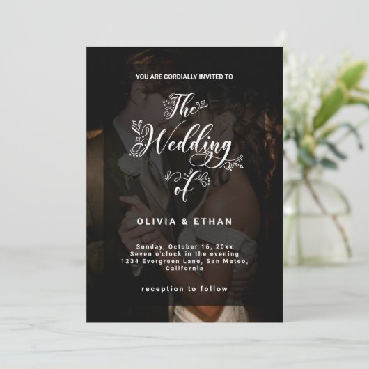 Moderne foto bruiloft zwart-wit overlay minimaal kaart (Staand voorkant)