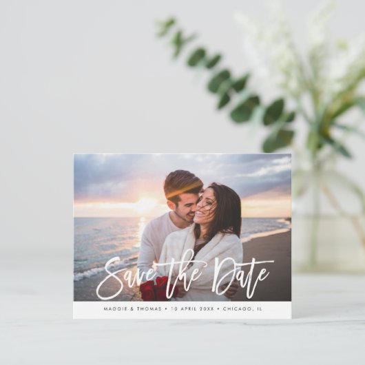 Moderne foto chique stijlvolle bruiloft opslaan va briefkaart (Staand voorkant)