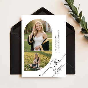 Moderne foto-collage afstudeeraankondiging met arc briefkaart