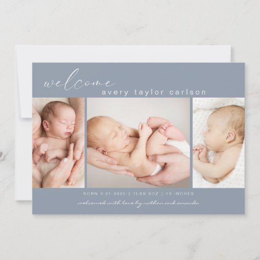 Moderne foto Collage Eenvoudig script blauw geboor Aankondiging (Voorkant)