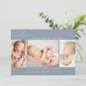 Moderne foto Collage Eenvoudig script blauw geboor Aankondiging (Staand voorkant)