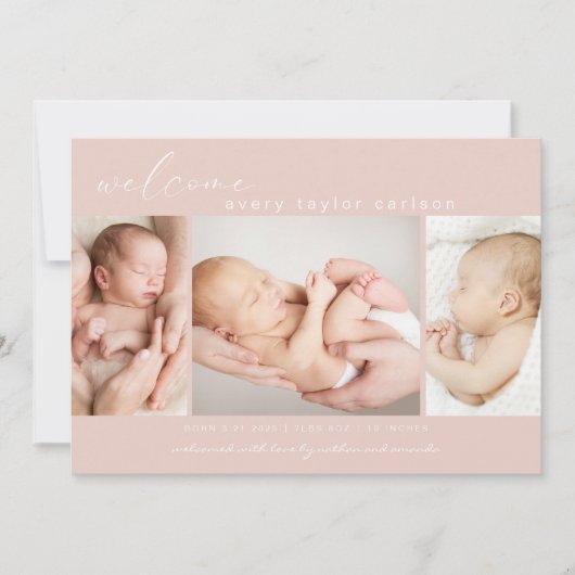 Moderne foto Collage Eenvoudige scriptroze geboort Aankondiging (Voorkant)